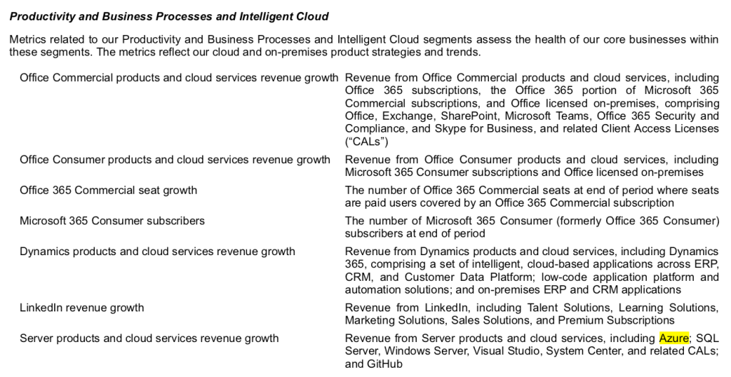 Definition of Microsoft's metrics, including Azure