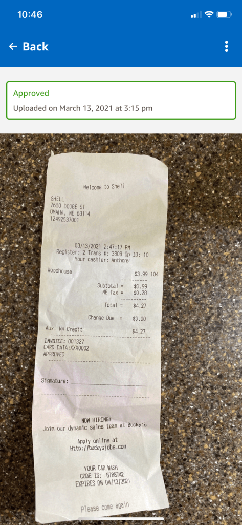 Even a car wash receipt without payment is accepted