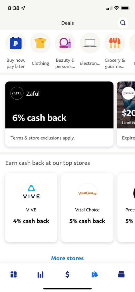 The Shop tab on PayPal's app